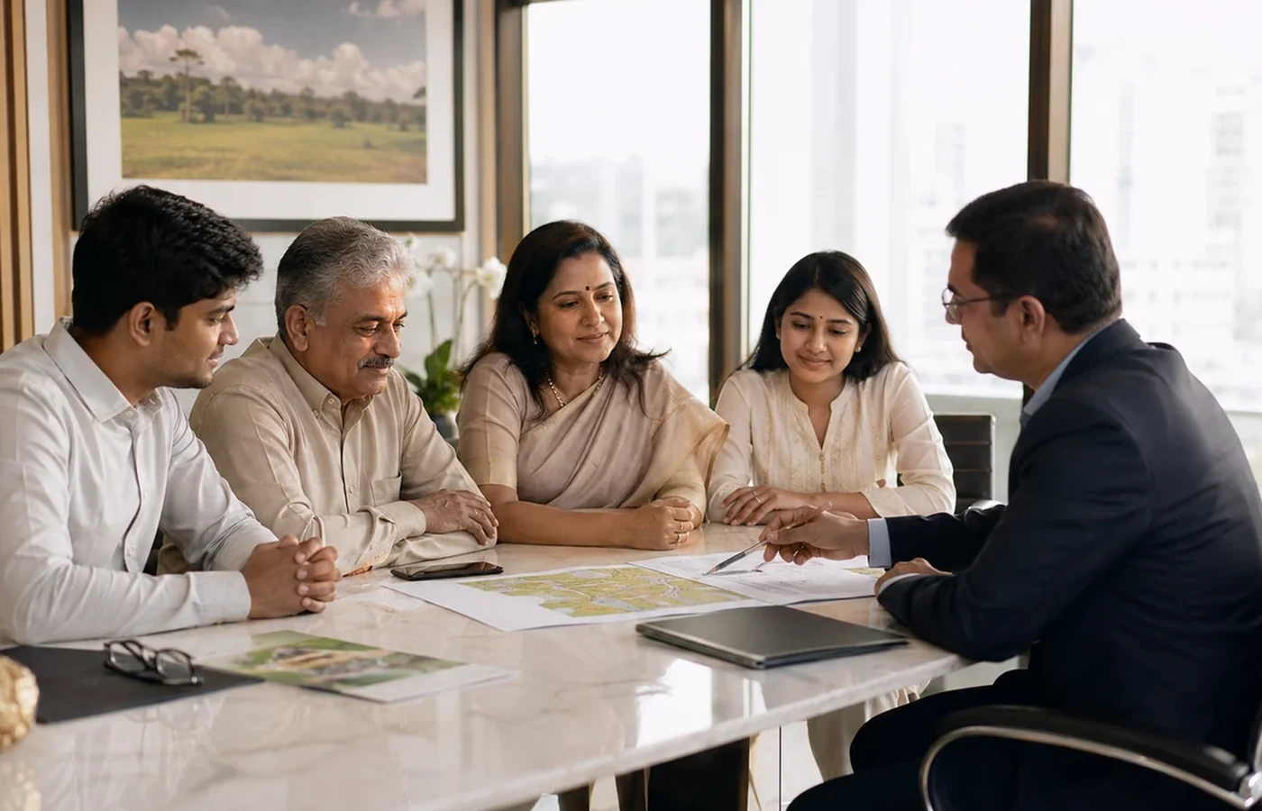 Indian family in a real estate advisory discussion