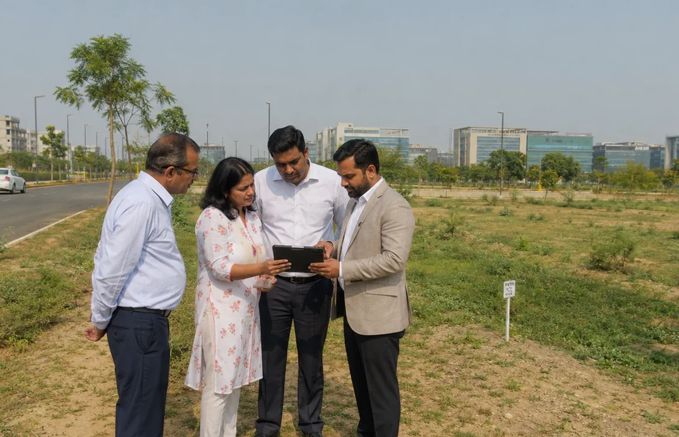 Indian landowners and advisors discussing a property decision